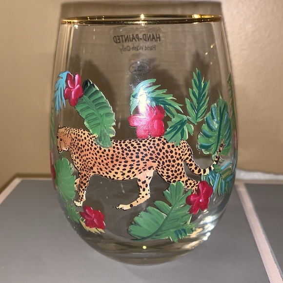 🎅 2 Hand Painted Set Tiger in Jungle Stemless Wine Glasses NEW - Picture 5 of 15